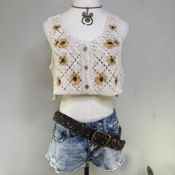 Lemon Tops - Vtg Crochet Sunflower Crop Top Cami Tank Hippie Indie Boho Fairy Cottage NWT Y2K